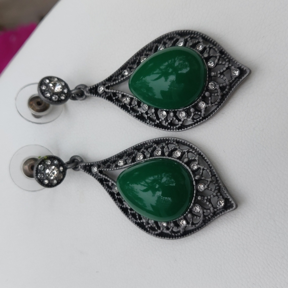 Green and pewter pendant earrings #264